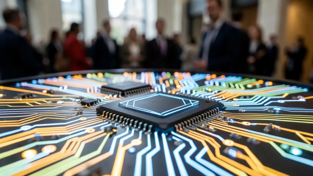Image générique de circuit imprimé lumineux symbolisant l'innovation technologique.