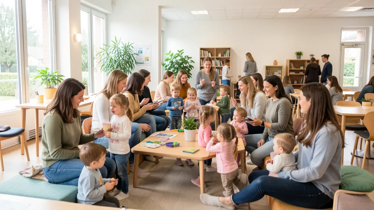 Generic image of a group of young women and children participating in a well-being activity in a bright community center in Île-de-France.