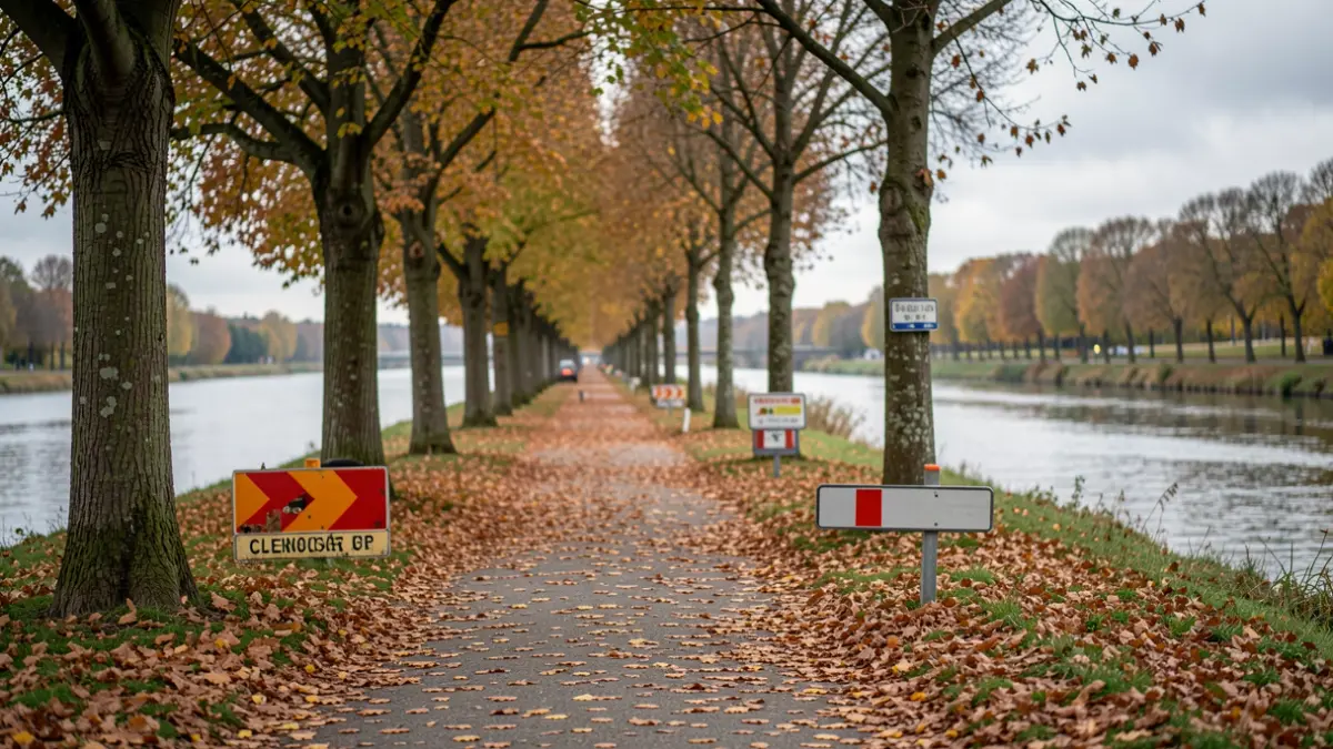 Chemin de halage fermé sur l'Île des Impressionnistes à Chatou en raison de travaux d'abattage d'arbres.