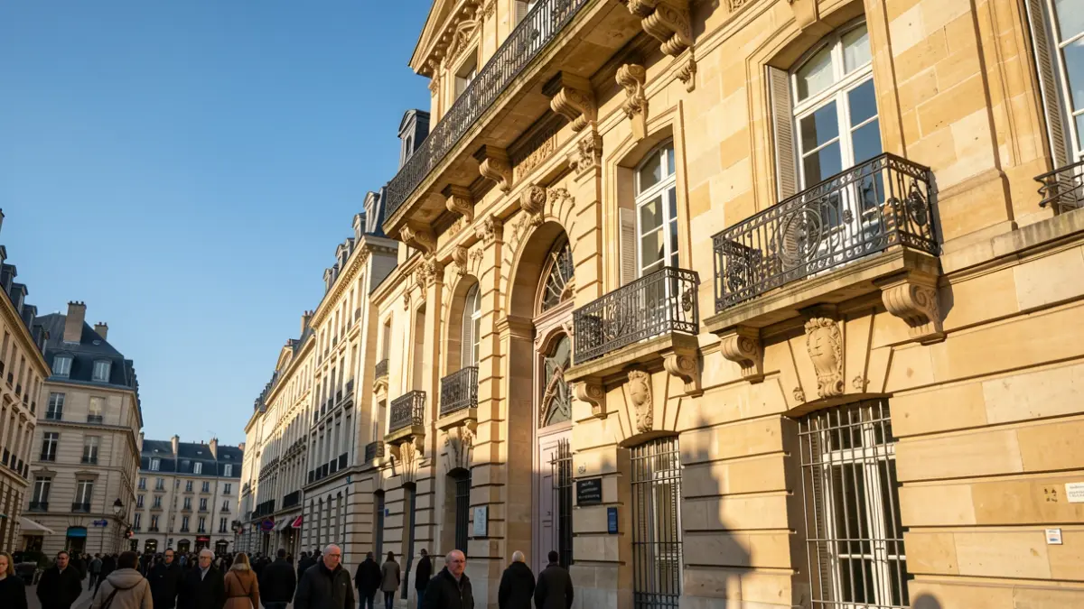 Stone facade of an Île-de-France town hall with ornate balcony and iron railings, warm afternoon sunlight casting shadows on the sandstone walls, blue sky.