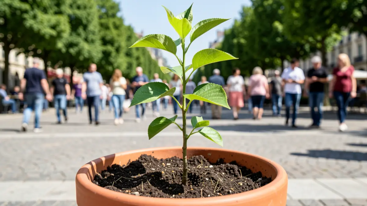 Fruit tree sapling in a pot ready for adoption at the 'Adopt your tree' event in Ablon-sur-Seine.