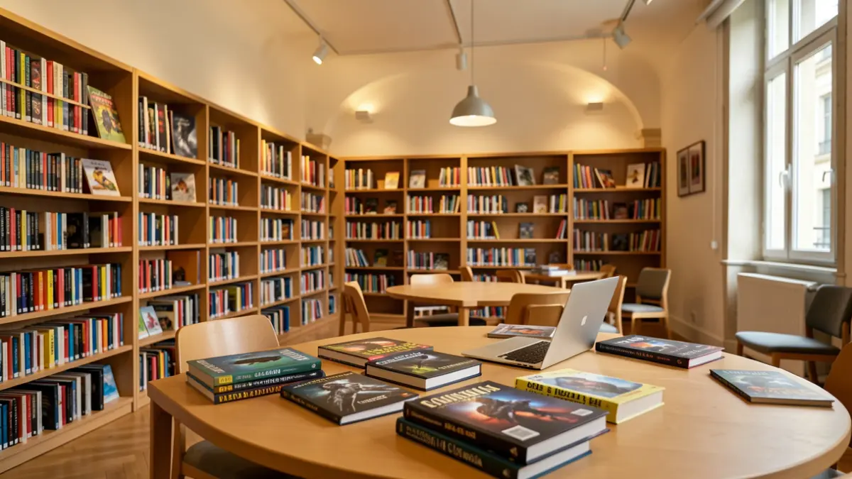 Interior of a media library with science fiction books and a laptop.
