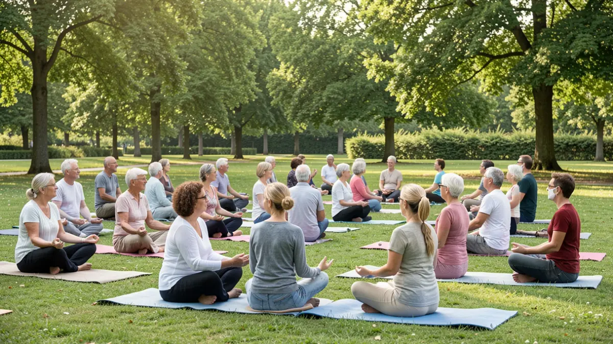 Generic image of an intergenerational yoga session outdoors.