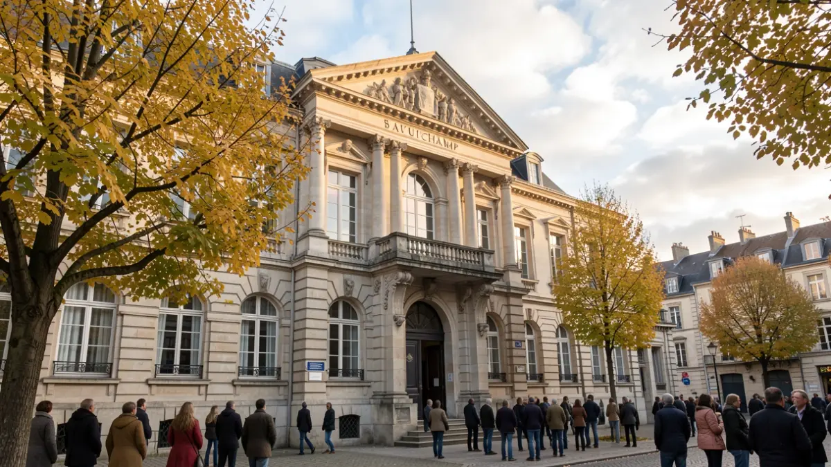 Facade of the Beauchamp town hall, a stone building with a classic French architectural style, bathed in the soft light of a late afternoon in autumn. The sky is partly cloudy. Focus on the building's entrance and surrounding trees with yellowing leaves. Documentary photography style.