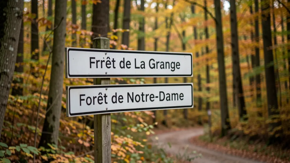 Panneau directionnel 'Forêt de La Grange' et 'Forêt de Notre-Dame' à l'entrée d'une forêt d'Île-de-France.