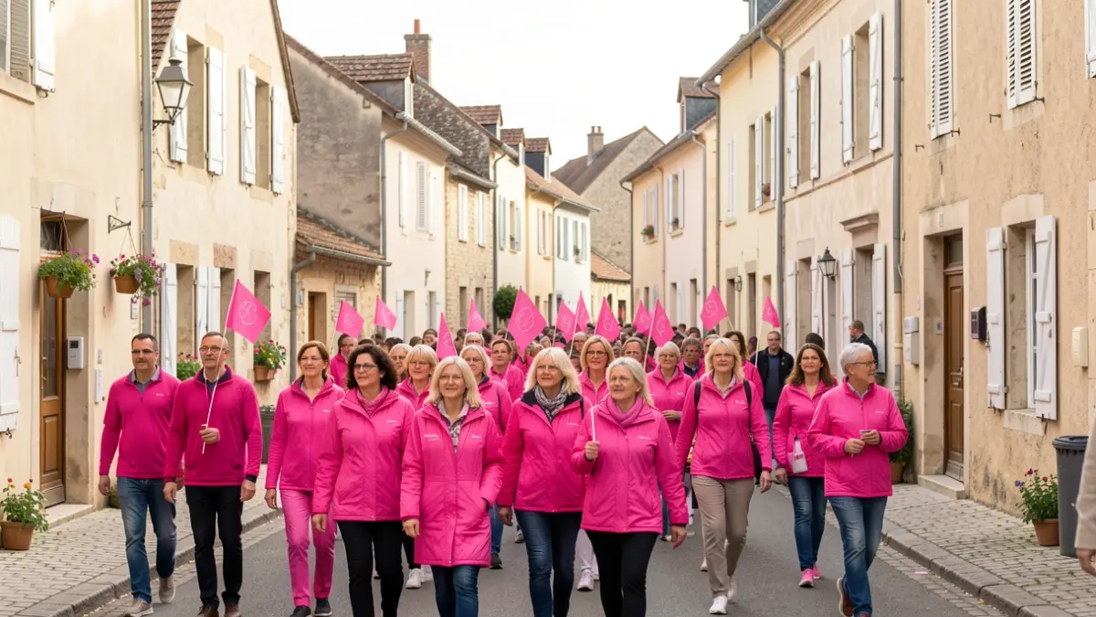 Image générique de personnes participant à une marche solidaire pour Octobre Rose dans un village français.