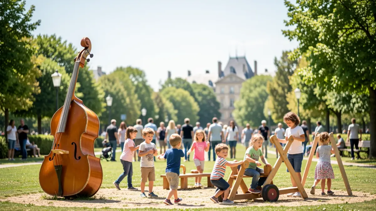 Generic image of an outdoor festival with giant musical instruments and wooden games.
