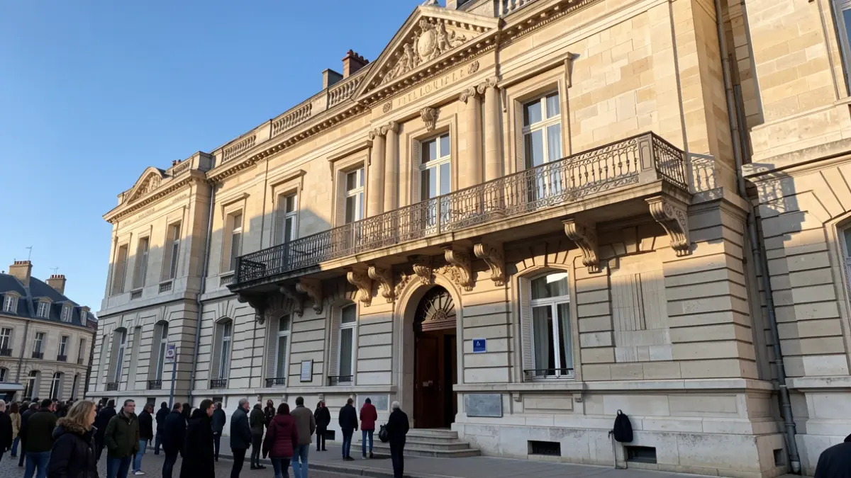 Facade of the Chelles town hall, a classic stone building with an ornate balcony and iron railings, bathed in warm afternoon sunlight.
