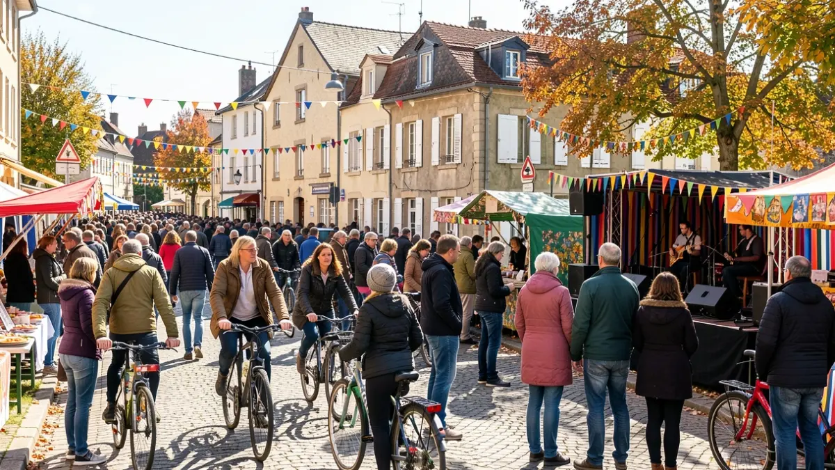 Scène de fête à Claye-Souilly avec des cyclistes et un orchestre.