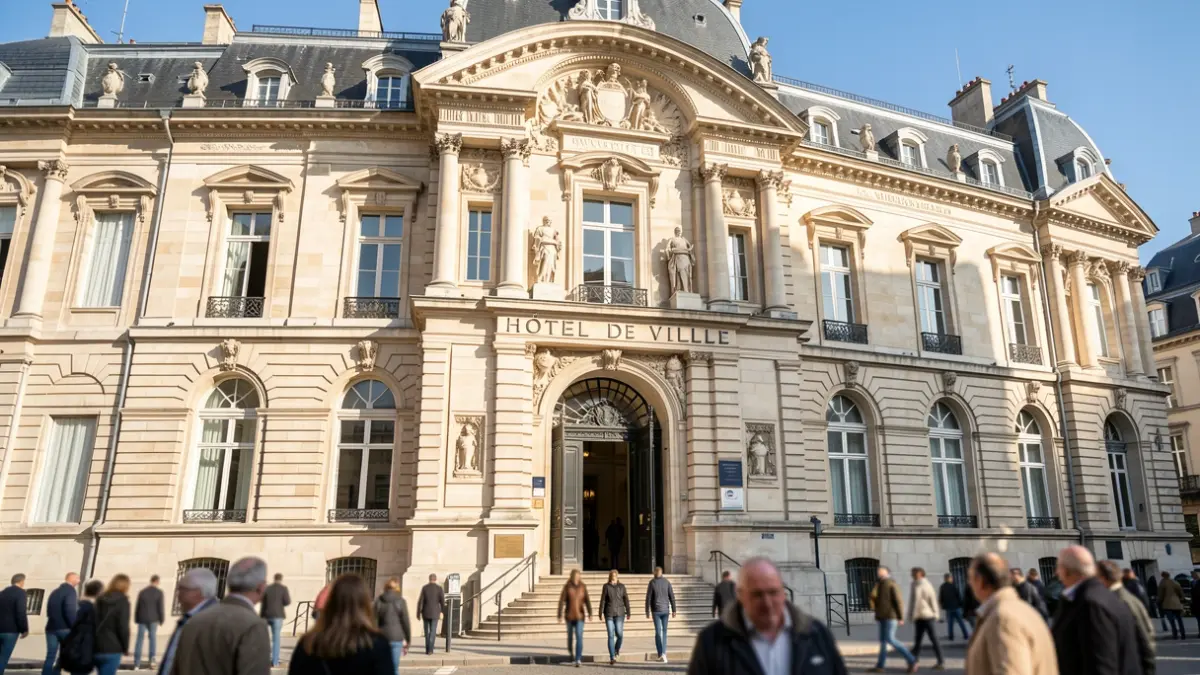 Facade of the Montreuil Hôtel de Ville during a blood drive.