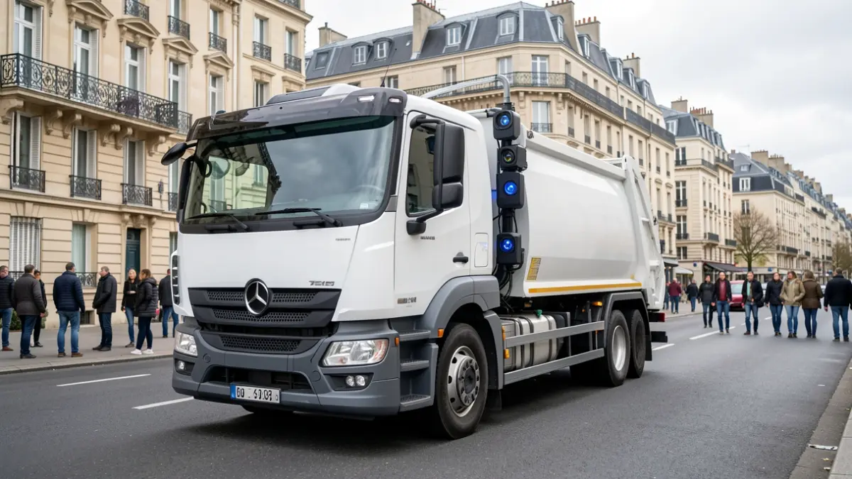 Waste collection truck equipped with AI cameras on a Parisian suburban street.
