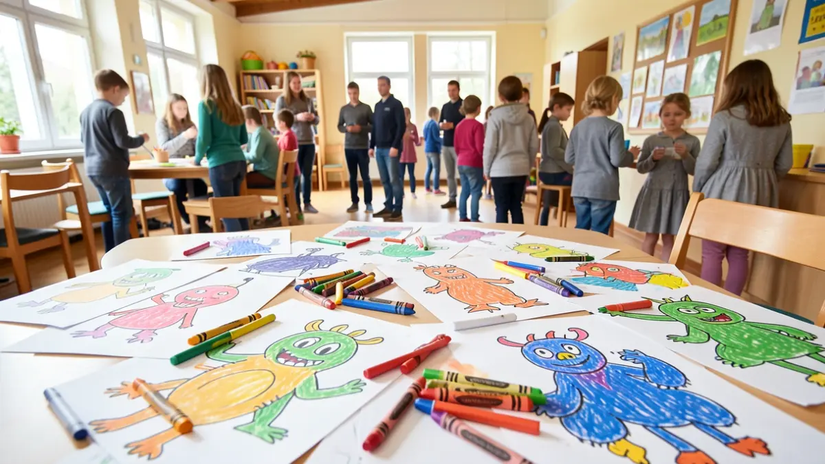 Generic image of children's drawings and art supplies in a community center.