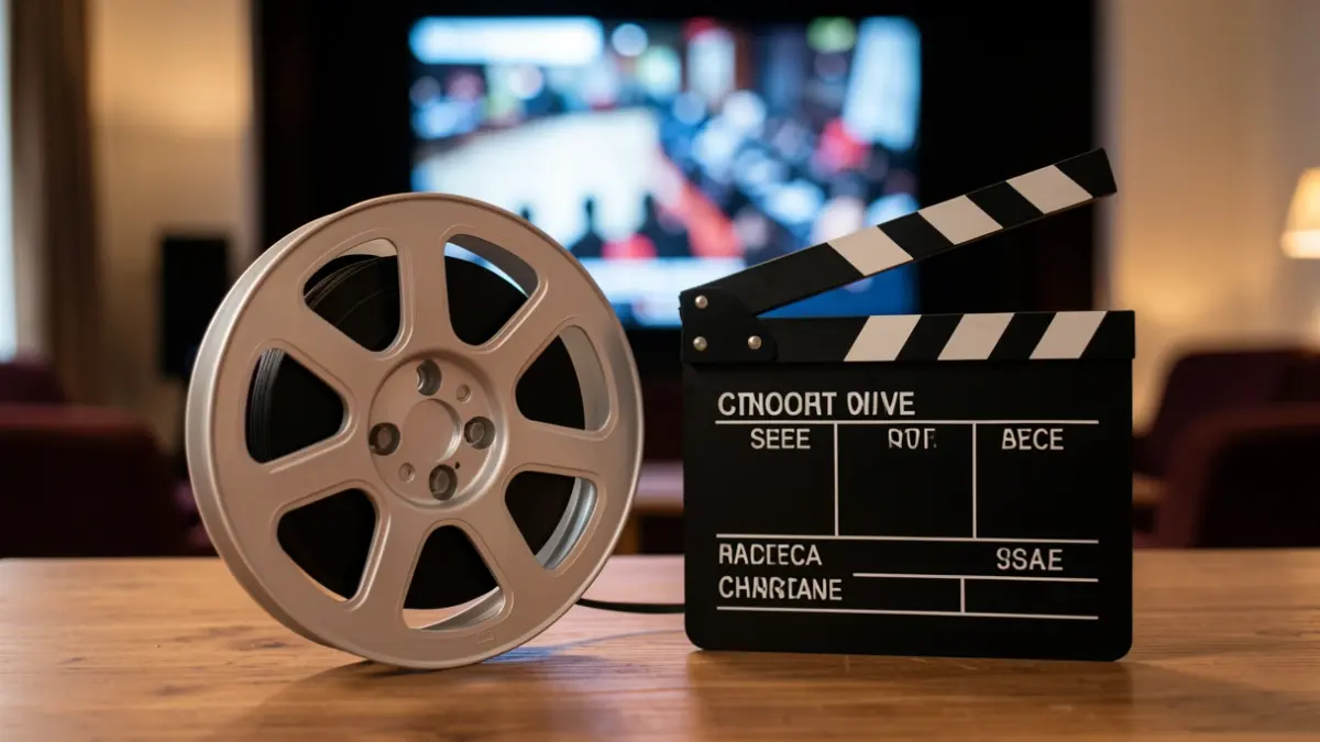 Image générique d'une bobine de film et d'une claquette sur une table, symbolisant le cinéma et la création.