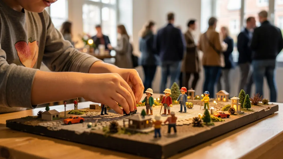 Child's hands assembling a Playmobil scene on a large diorama.