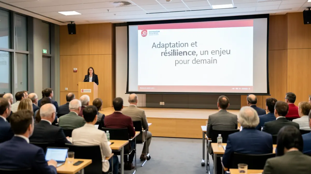 Public conference room in Gif-sur-Yvette with a screen displaying the conference title.