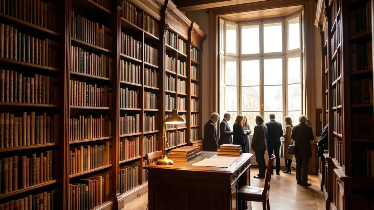 Intérieur d'une bibliothèque historique à Paris, avec de hautes étagères remplies de vieux livres et une lampe de lecture.