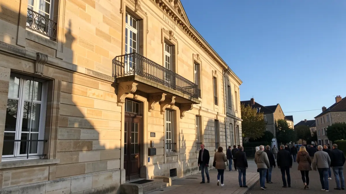 Stone facade of the Linas town hall with ornate balcony and iron railings, warm afternoon sunlight.