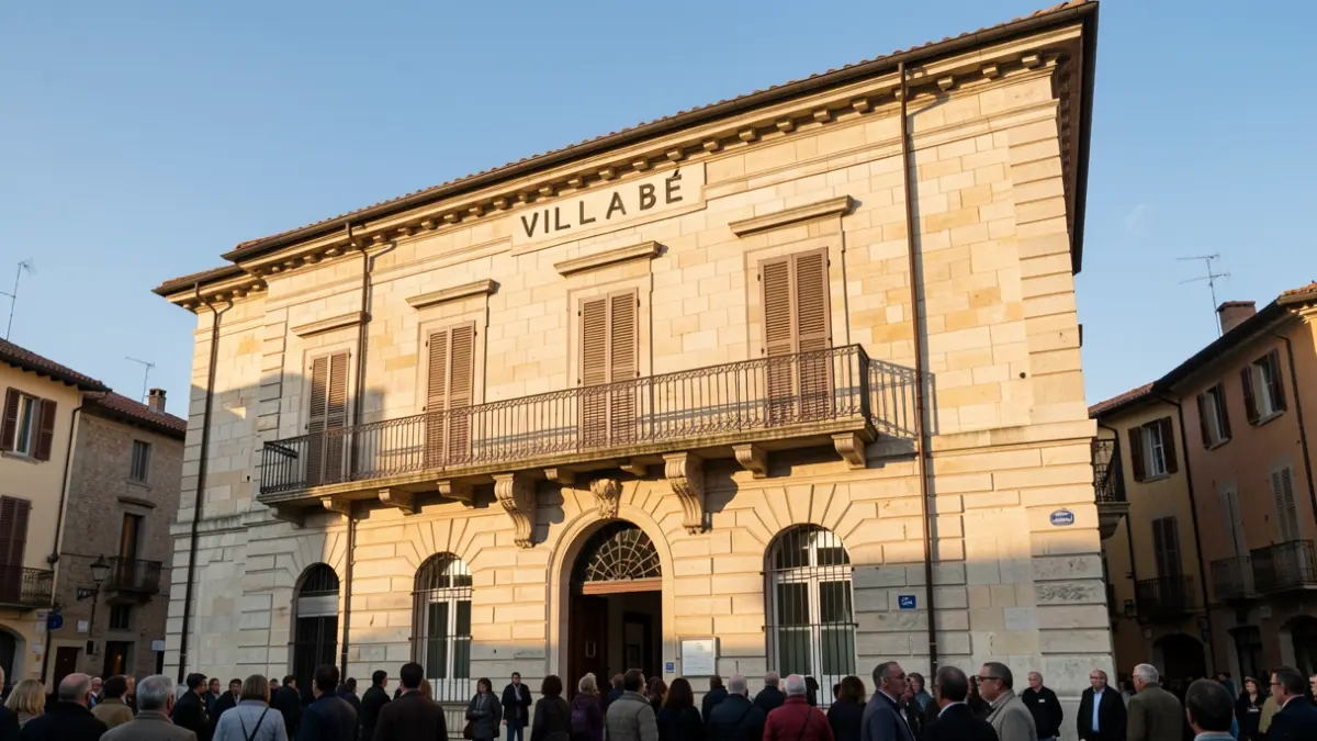 Façade de la mairie de Villabé, un bâtiment en pierre avec balcon et balustrade en fer forgé, sous le soleil de fin d'après-midi.