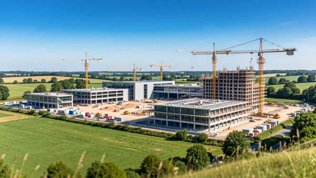 Construction site of a large modern film studio complex in the countryside, with cranes and partially built structures under a clear blue sky.