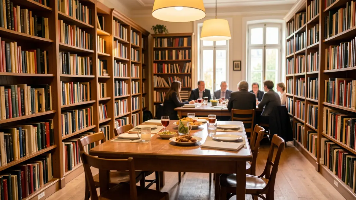 Interior of a library with bookshelves and a table set for a friendly sharing session.