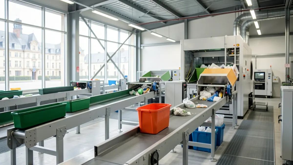 Interior of a modern sorting center with conveyor belts and optical sorters.