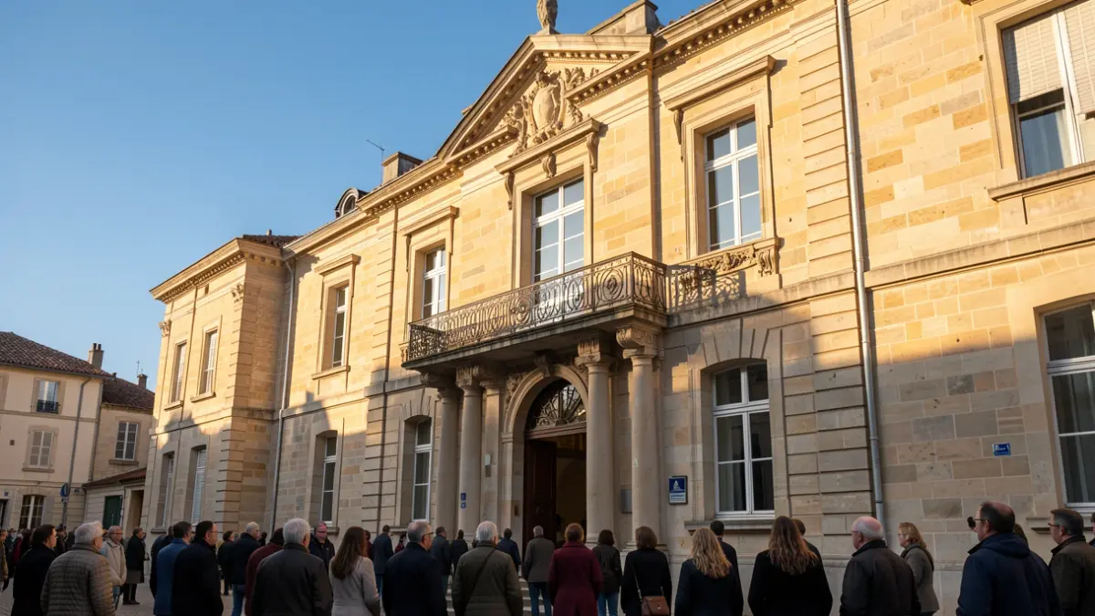 Façade de la mairie de Brétigny-sur-Orge, un bâtiment en pierre avec balcon orné et rambardes en fer forgé, sous le soleil chaud de l'après-midi.