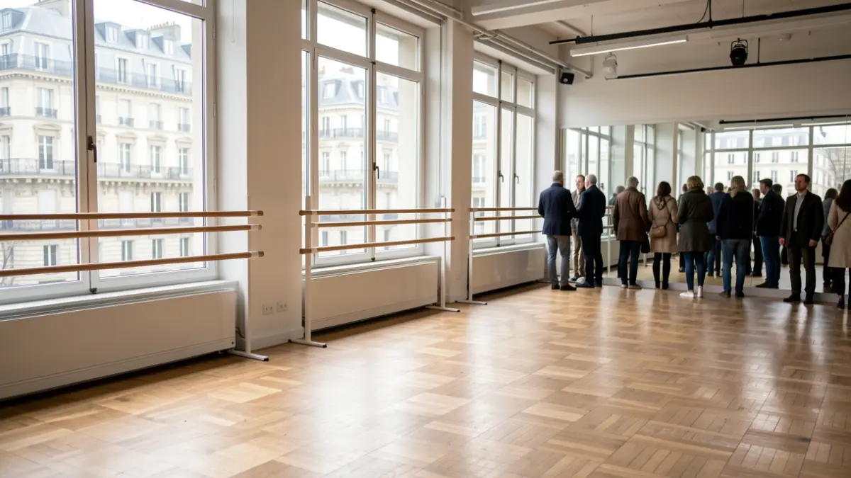 Intérieur d'un studio de danse moderne à Paris, avec des barres de danse et une vue floue sur les bâtiments Haussmanniens.