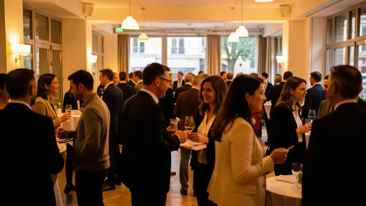 Image générique d'un événement d'entrepreneuriat à l'intérieur, avec des participants flous interagissant.