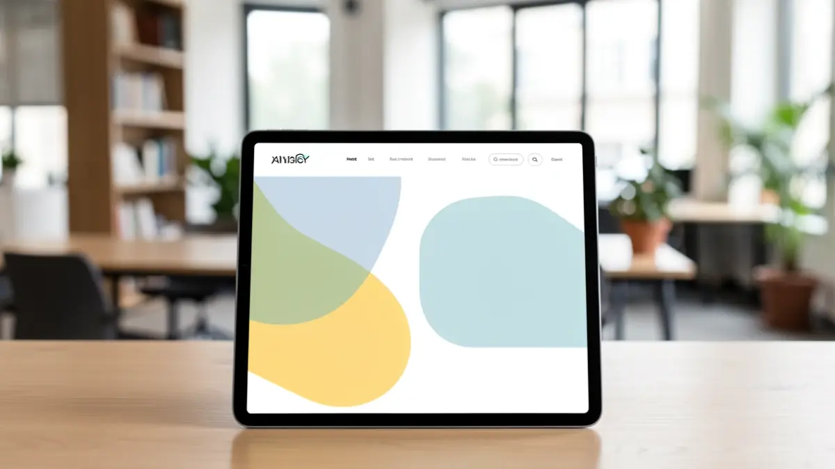 Interface d'un site web moderne et épuré affichée sur une tablette, avec des formes abstraites et une typographie claire. Arrière-plan flou d'un bureau contemporain en Île-de-France.