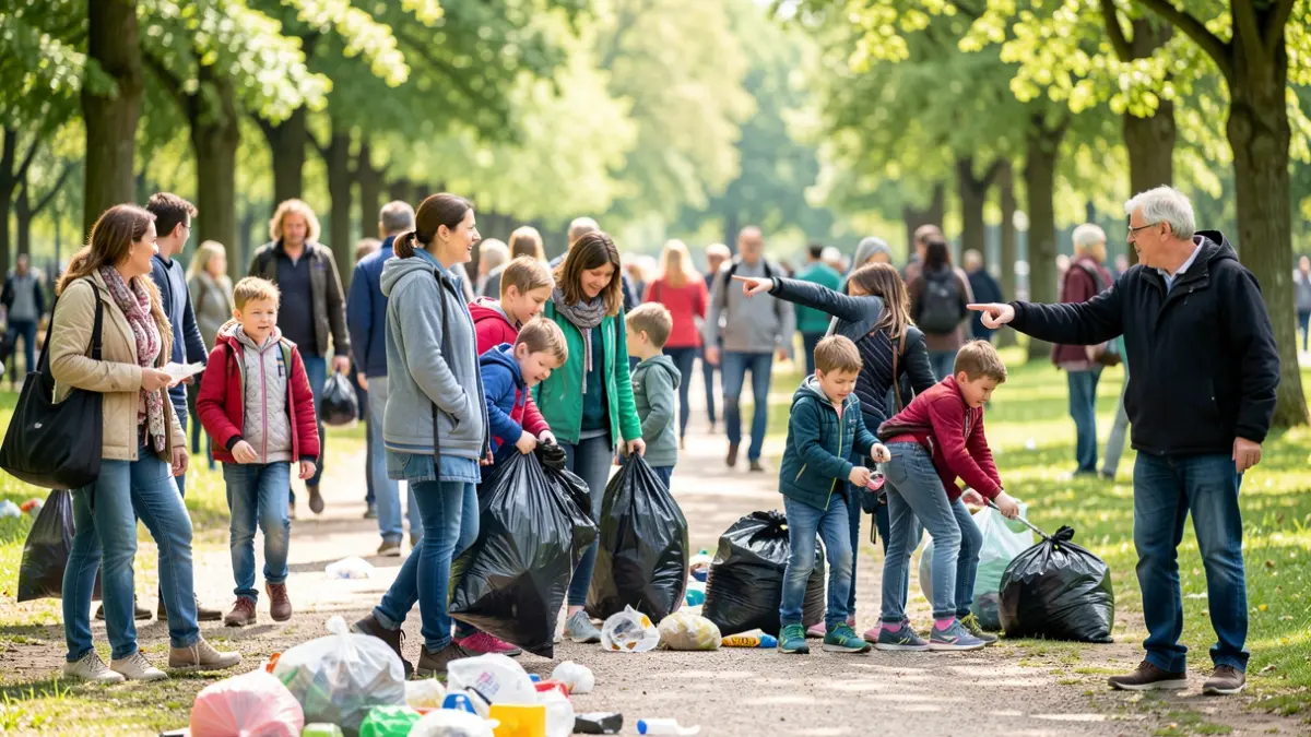Generic image of volunteers picking up trash in a park.