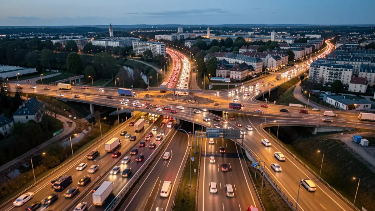 Aerial view of a highway interchange in Île-de-France, congested due to roadworks.