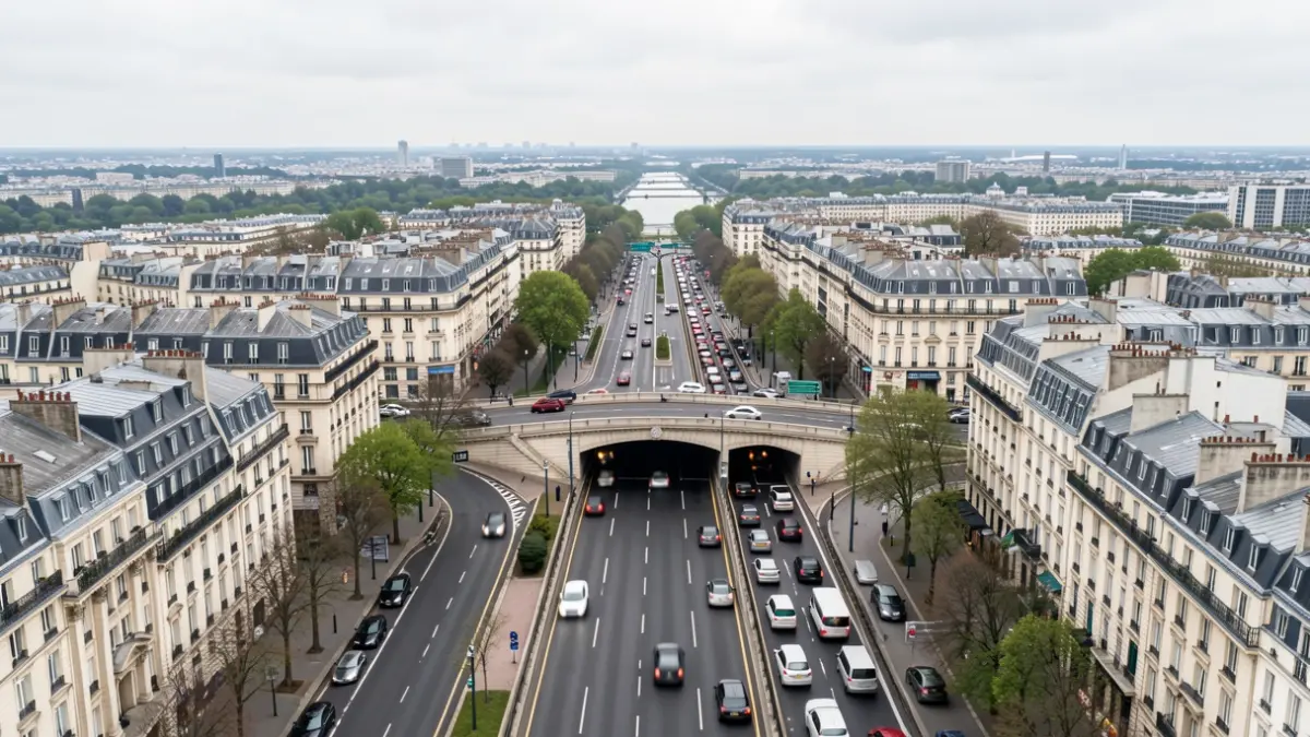 Aerial view of the A13 highway near Paris, showing the Saint-Cloud tunnel entrance and surrounding urban landscape, with traffic congestion visible, soft overcast daylight, Île-de-France region.