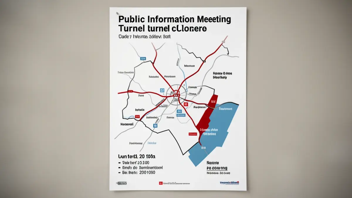 Poster for a public information meeting about the Saint-Cloud tunnel closure, featuring a stylized map of the affected area and key dates.