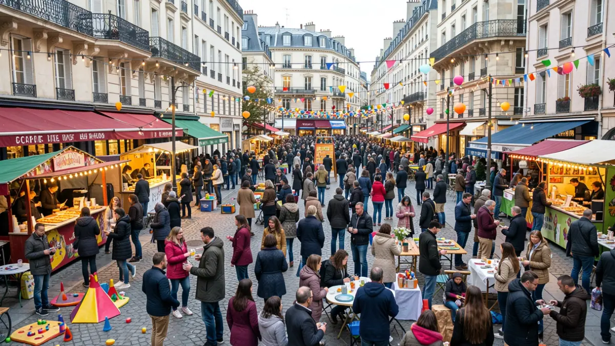 Lively neighborhood festival on Place du Docteur Yersin in Paris with music, games, and stalls.