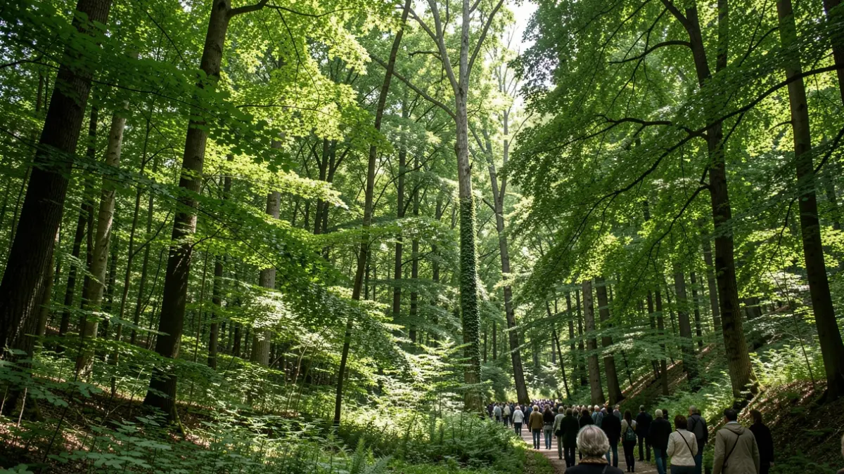 Forêt de Fontainebleau, France, avec des rayons de soleil traversant la canopée.