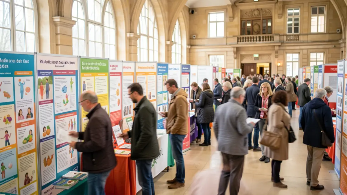 Generic image of a community health fair in Lésigny, featuring information stands and health professionals.