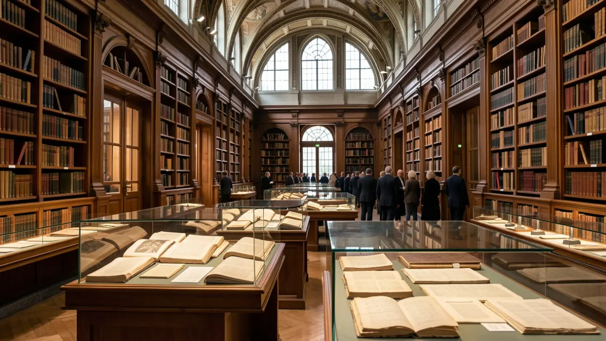 Interior of an exhibition hall at the Collège de France displaying manuscripts and archives.