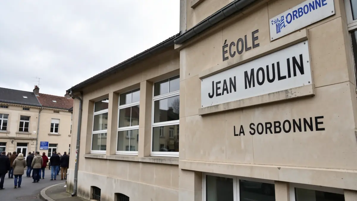 Generic image of a school in Lardy, France, with signs indicating the schools affected by the strike.
