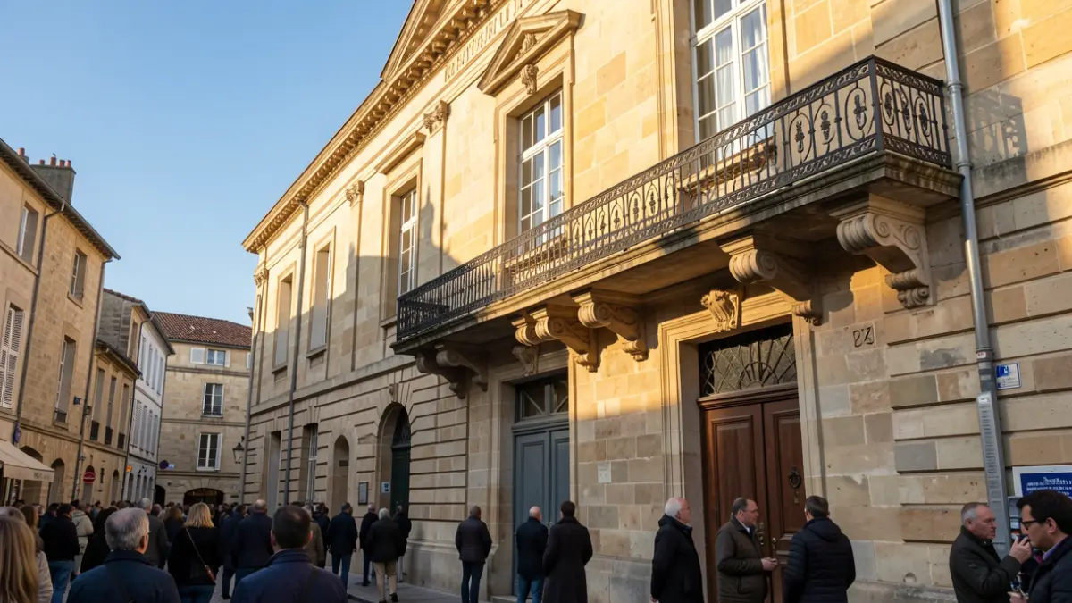 Façade en pierre d'un hôtel de ville français avec balcon orné et balustrade en fer forgé, baignée par la lumière chaude d'un soleil de fin d'après-midi projetant des ombres sur les murs en grès, sous un ciel bleu clair.