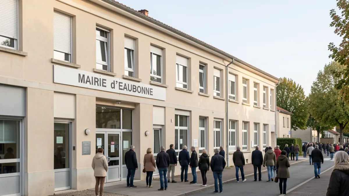 Facade of a school in Eaubonne, France, with a sign indicating the establishment or town hall name.
