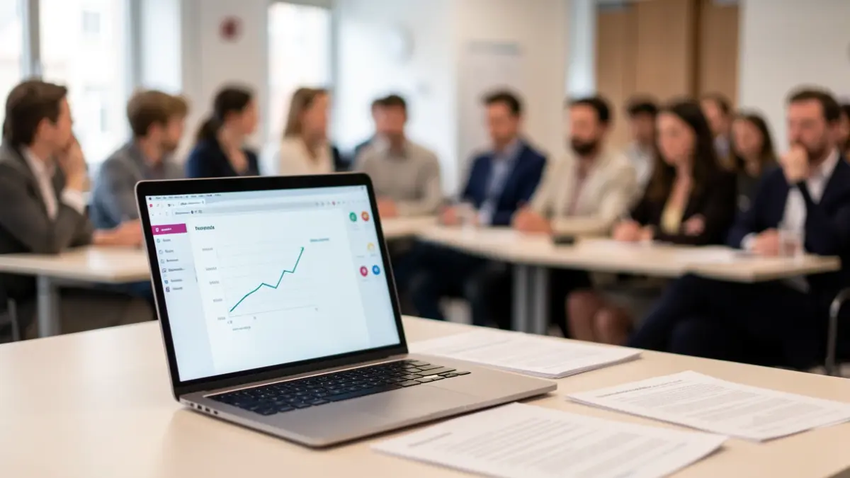 Generic image of a conference room with a laptop displaying a presentation.