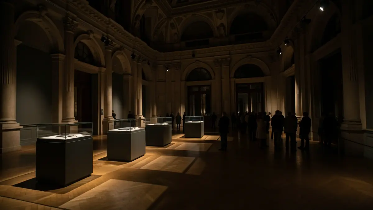 Image générique d'une salle d'exposition de musée vide la nuit, avec des projecteurs éclairant des vitrines et des socles vides, dans une architecture classique française.