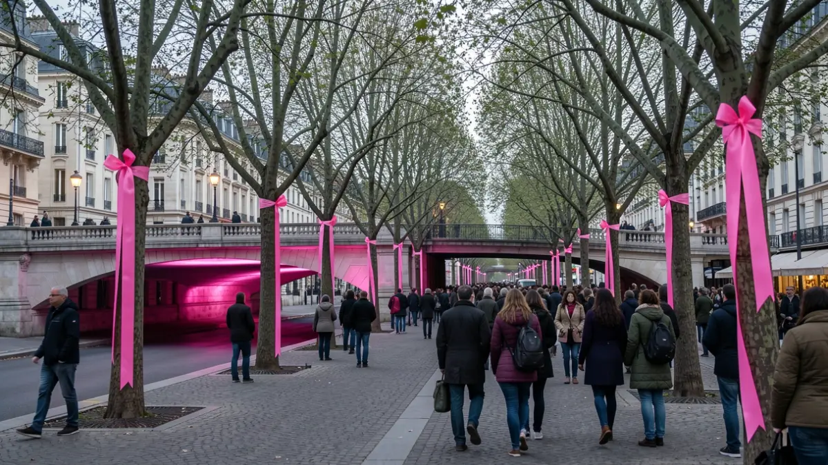 Symbolic image of the October Rose mobilization in Igny, with urban elements subtly illuminated in pink.