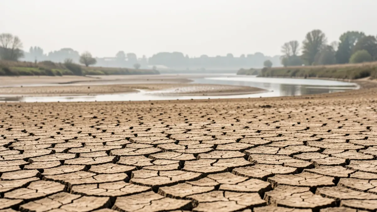 Lit de rivière asséché en Île-de-France, terre craquelée et ciel brumeux.