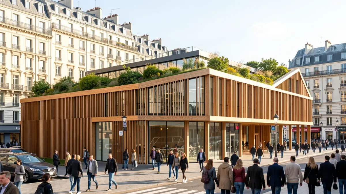 Facade of the new Suzanne Liébrard sports center in Paris.