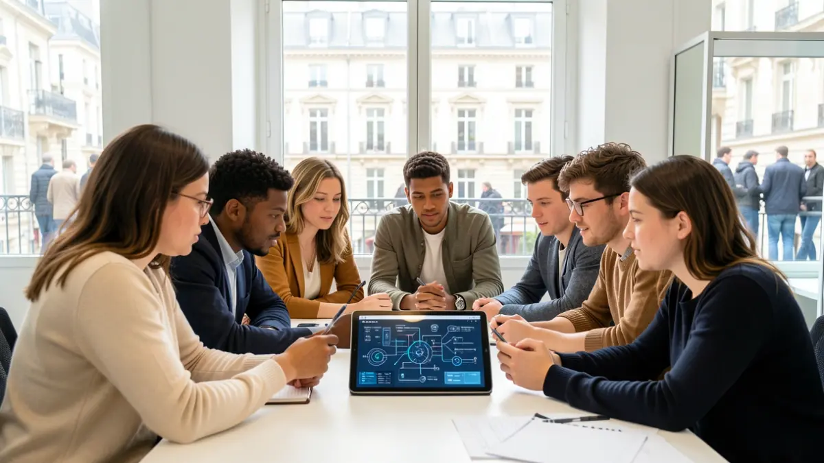 Group of international students collaborating on a technological project in Paris.