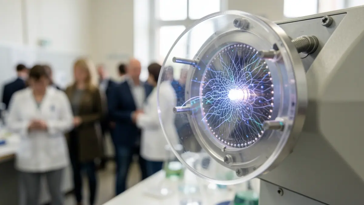 Gros plan d'un dispositif de microcavité représentant l'interaction entre la lumière et la matière dans un laboratoire scientifique.