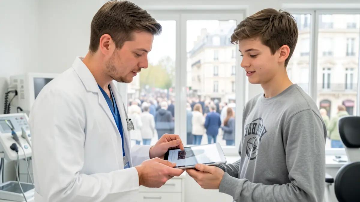 Generic medical prevention image. A healthcare professional explains information on a tablet to a young patient in an Île-de-France healthcare setting.
