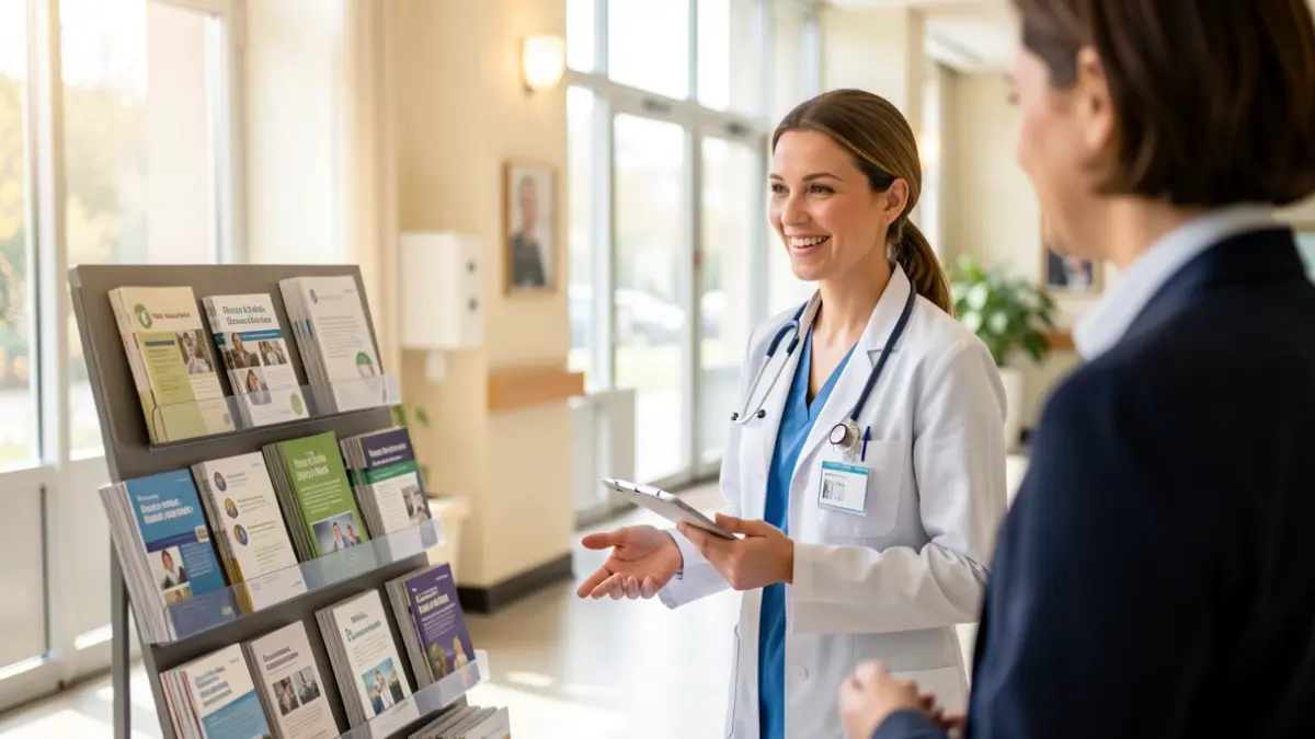 Stand d'information sur la ménopause dans un hôpital.