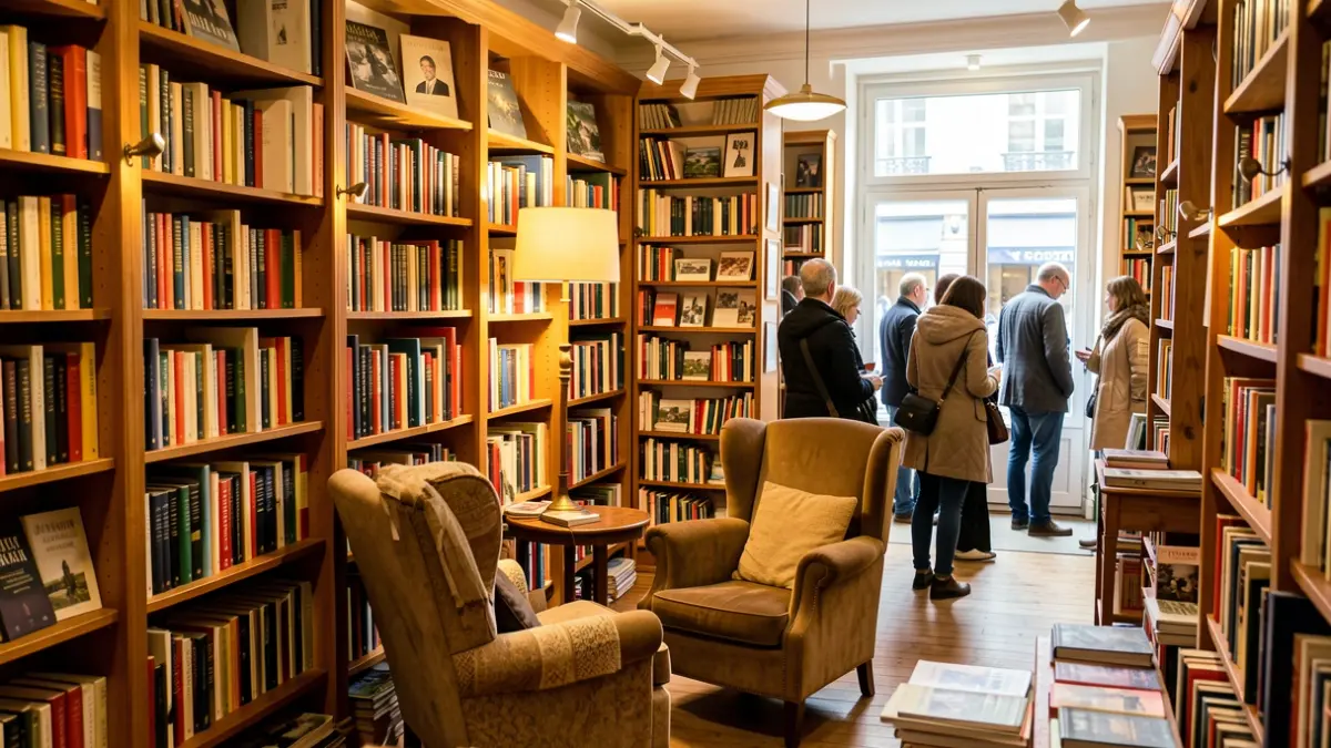 Intérieur d'une librairie indépendante à Sèvres, avec des étagères remplies de livres et un coin lecture.
